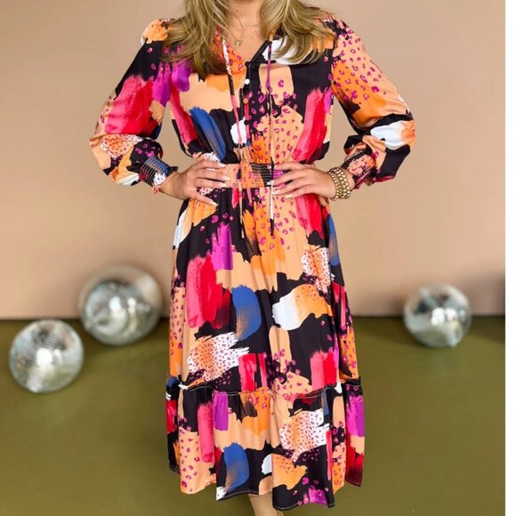 Multi-Color Abstract Long Sleeve Maxi Dress - Picture 1 of 3